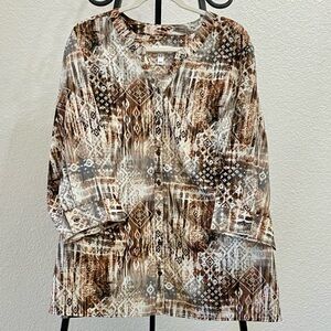 D&Co Denim & Company 3X Boho Earth Tone Button Front Blouse NWOT